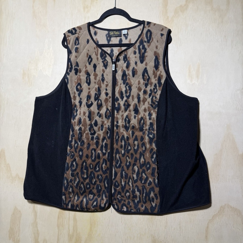 Bob Mackie Vest 3X Leopard Print Quilted Zip Front Fleece Plus Size